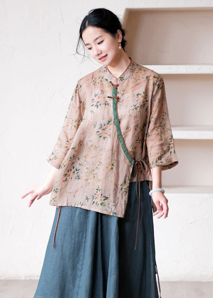 Handmade Khaki Stand Collar Print Patchwork Linen Shirts Summer