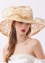 Handmade Khaki Zircon Chiffon Patchwork Floral Tulle Floppy Sun Hat