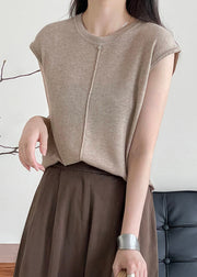 Handmade Light Camel O Neck Woolen Shirt Top Sleeveless