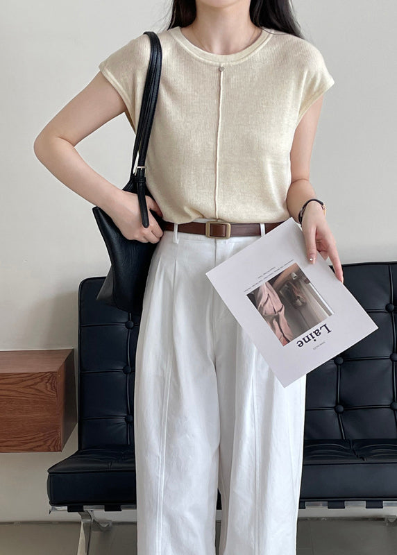 Handmade Light Camel O Neck Woolen Shirt Top Sleeveless