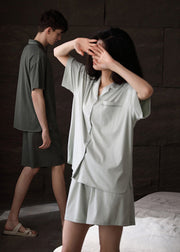 Handmade Light Green Peter Pan Collar Button Cotton Couple Pajamas Two Piece Set Summer