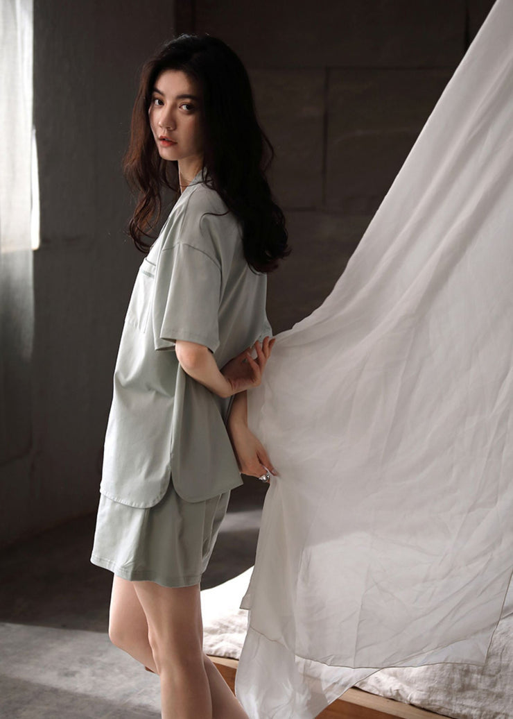 Handmade Light Green Peter Pan Collar Button Cotton Couple Pajamas Two Piece Set Summer