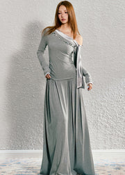 Handmade Light Grey Asymmetrical Patchwork Wrinkled Knit Long Dress Fall