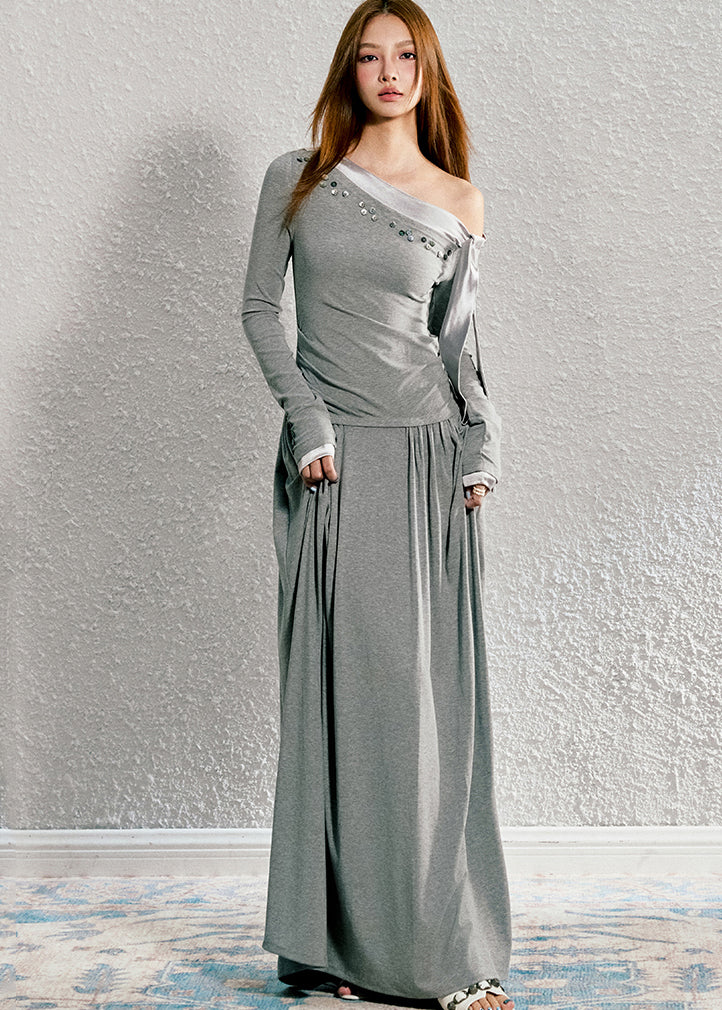 Handmade Light Grey Asymmetrical Patchwork Wrinkled Knit Long Dress Fall