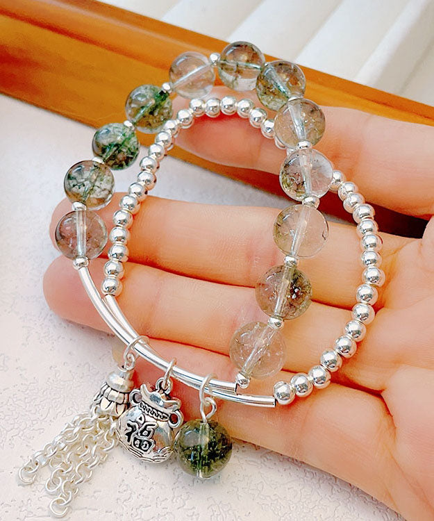 Handmade Little Green Sterling Silver Crystal Bilayer Beading Tassel Charm Bracelet