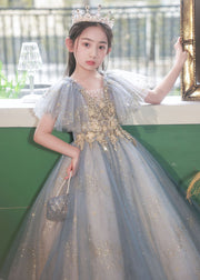 Handmade Little Grey V Neck Sequins Patchwork Tulle Girls Maxi Dress Summer