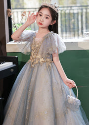 Handmade Little Grey V Neck Sequins Patchwork Tulle Girls Maxi Dress Summer