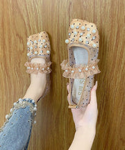 Handmade Loafer Shoes Splicing Tulle Khaki Ruffles Nail Bead Zircon