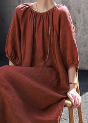 Handmade Loose Casual Orange O-Neck Linen Dress Summer