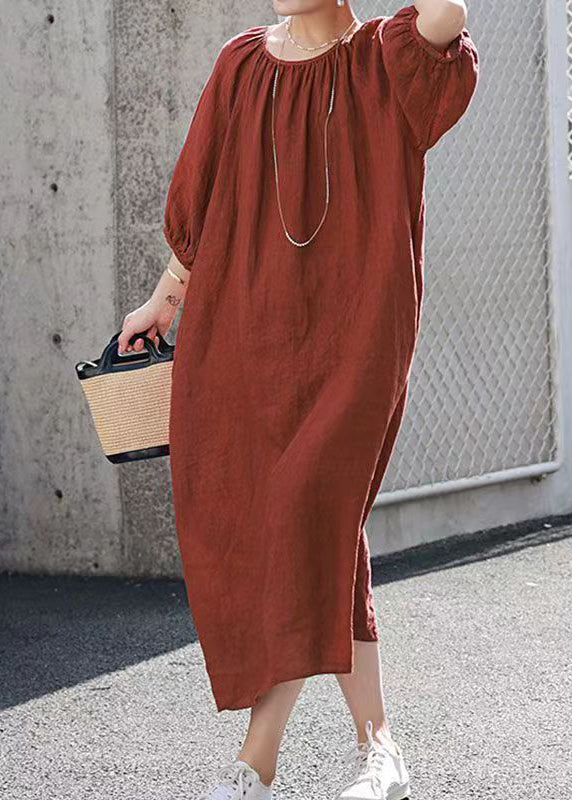 Handmade Loose Casual Orange O-Neck Linen Dress Summer