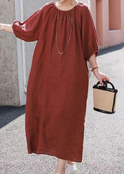 Handmade Loose Casual Orange O-Neck Linen Dress Summer