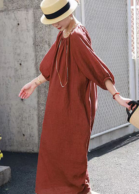 Handmade Loose Casual Orange O-Neck Linen Dress Summer