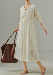 Handmade Milk White Hollow Out Cotton Cinched Dresses Fall