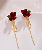 Handmade Mulberry Alloy Silk Velvet Gardenia Flower Tassel Drop Earrings