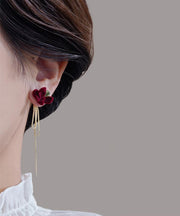 Handmade Mulberry Alloy Silk Velvet Gardenia Flower Tassel Drop Earrings