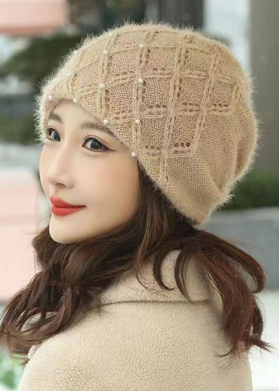 Handmade Nail Bead Patchwork Beige Knit Bonnie Hat