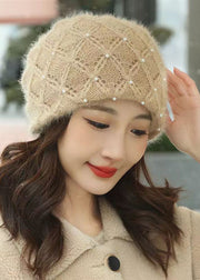 Handmade Nail Bead Patchwork Beige Knit Bonnie Hat