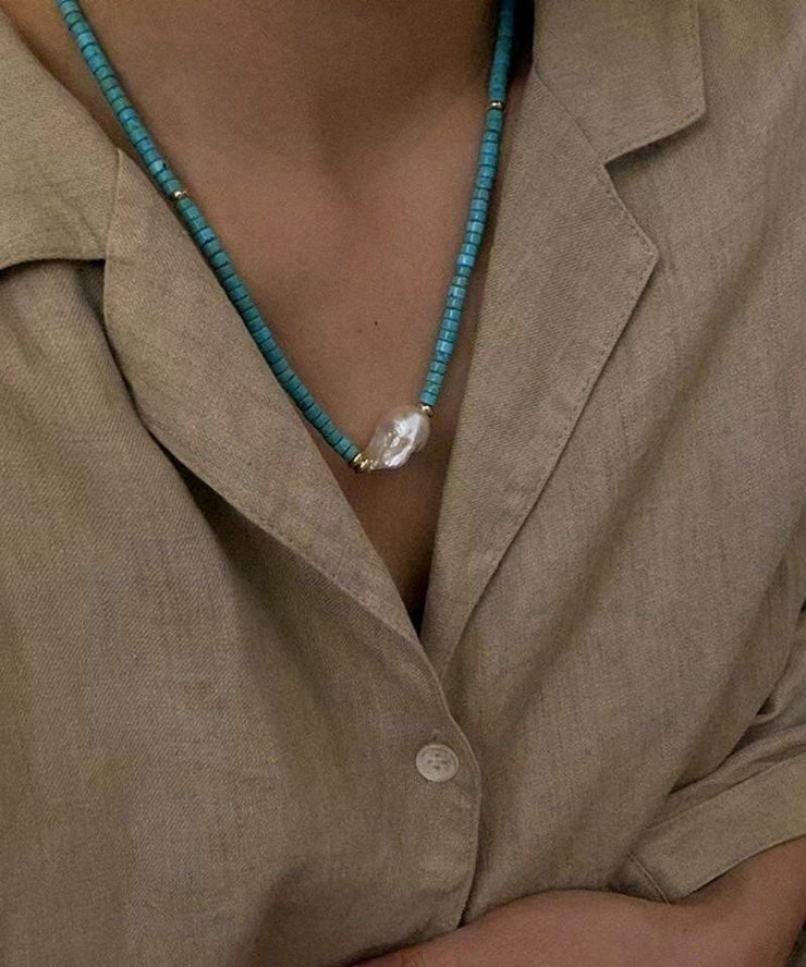 Handmade Natural Pearl Patchwork Turquoise Necklace