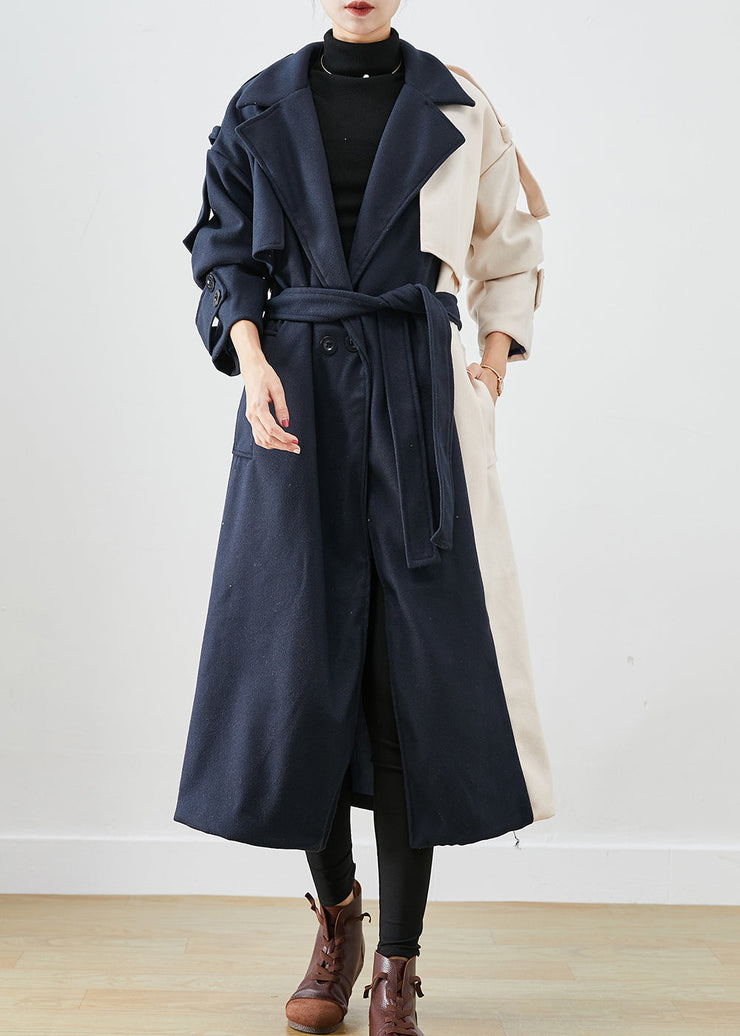 Handmade Navy Asymmetrical Patchwork Woolen Trench Coats Fall