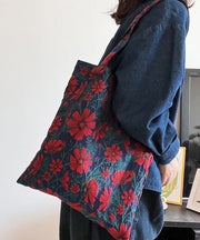 Handmade Navy Galsang Flower Jacquard Canvas Satchel Handbag