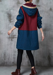 Handmade Navy Hooded Patchwork Pockets Fine Cotton Filled Coats Winter