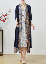 Handmade Navy Oversized Patchwork Chiffon Cardigans Fall