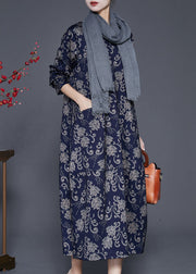 Handmade Navy Oversized Print Cotton Maxi Dresses Fall