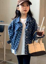 Handmade Navy Peter Pan Collar Print Kids Denim Coat Fall