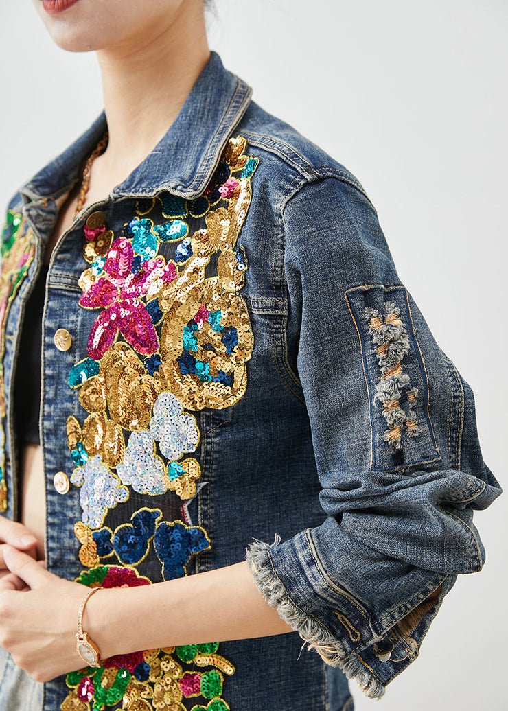 Handmade Navy Sequins Denim Ripped Coats Fall