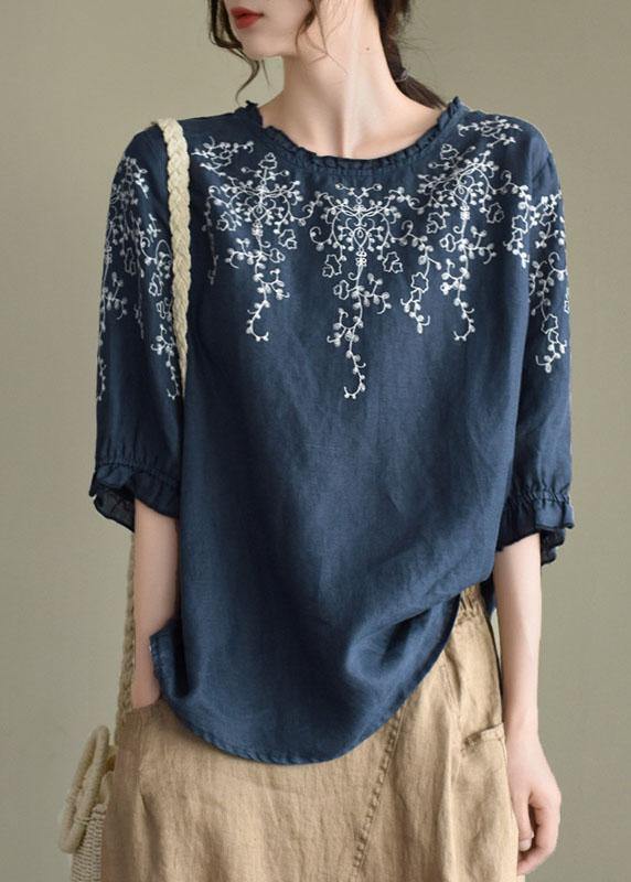 Handmade Navy lantern Sleeve O-Neck Embroideried Summer Ramie Blouses - bagstylebliss