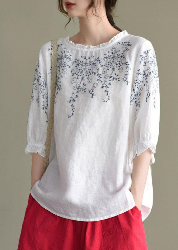 Handmade Navy lantern Sleeve O-Neck Embroideried Summer Ramie Blouses - bagstylebliss