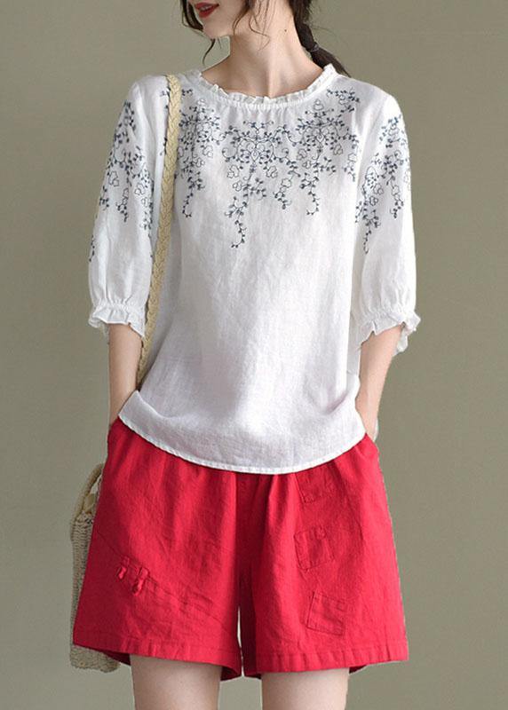 Handmade Navy lantern Sleeve O-Neck Embroideried Summer Ramie Blouses - bagstylebliss