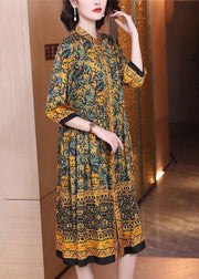 Handmade O-Neck Print Button Wrinkled Silk Maxi Dresses Long Sleeve