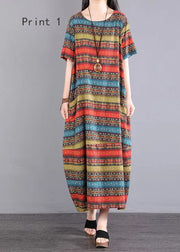 Handmade O Neck Print Patchwork Cotton Long Dress Summer