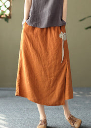 Handmade Orange Elastic Waist Oriental Button Linen Skirts Summer