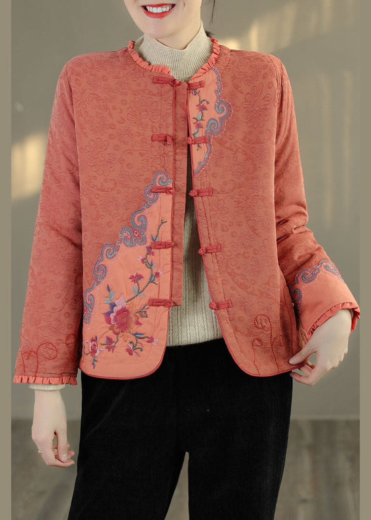 Handmade Orange Embroideried Patchwork Fine Cotton Filled Coat Outwear Spring