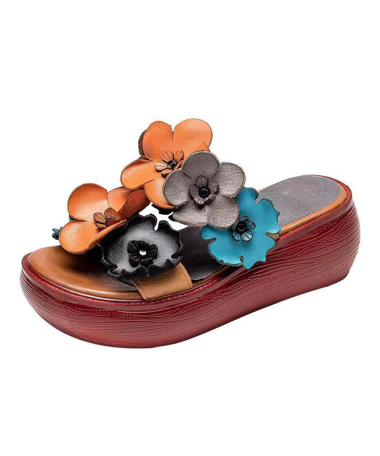 Handmade Orange Floral Platform Cowhide Leather Slide Sandals