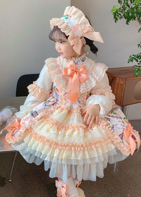 Handmade Orange Stand Collar Print Lace Patchwork Girls Long Dresses Fall