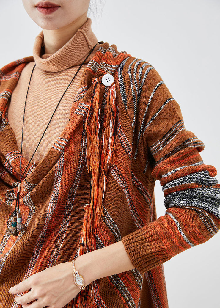 Handmade Orange Tasseled Striped Knit Cardigans Fall