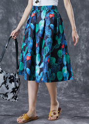 Handmade Peacock Blue High Waist Print Skirt Summer