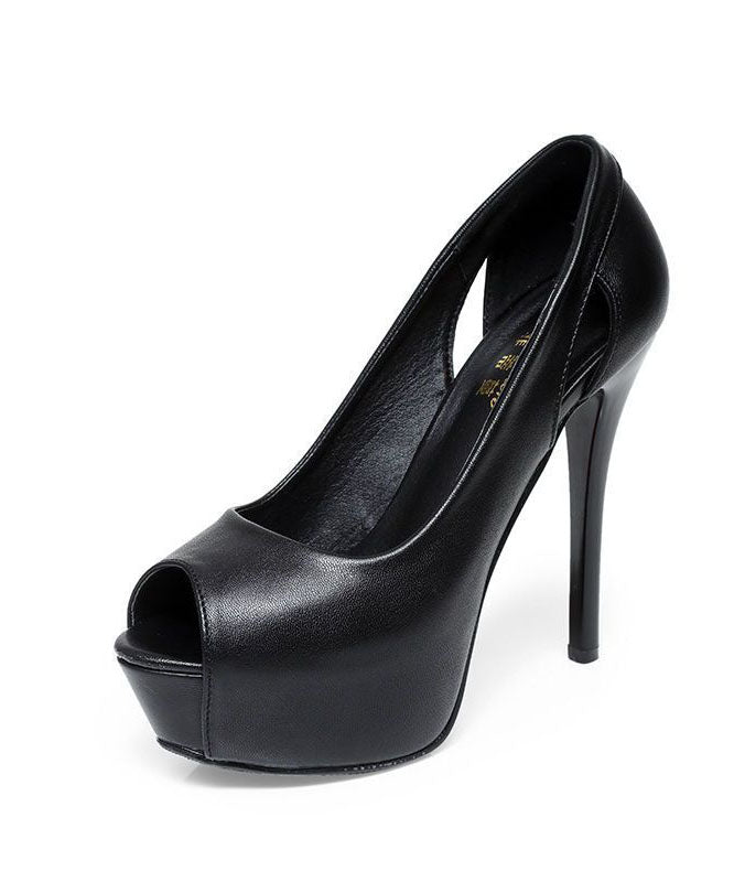 Handmade Peep Toe Stiletto High Heels Black Cowhide Leather