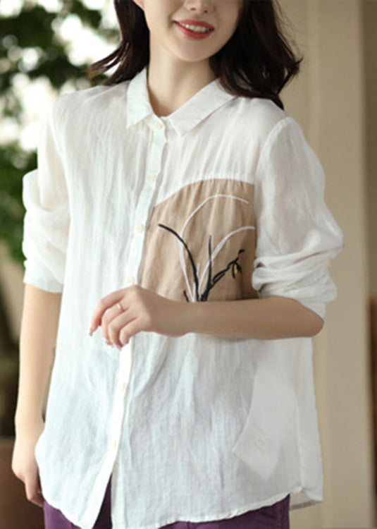 Handmade Peter Pan Collar Embroideried Button Ramie Shirts Long Sleeve