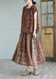 Handmade Peter Pan Collar Print Linen Shirts And Maxi Skirts Two Pieces Set Summer