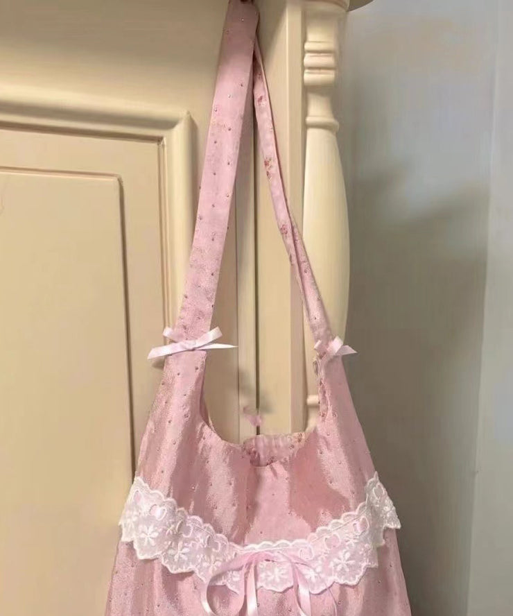 Handmade Pink Bow Lace Canvas Satchel Handbag