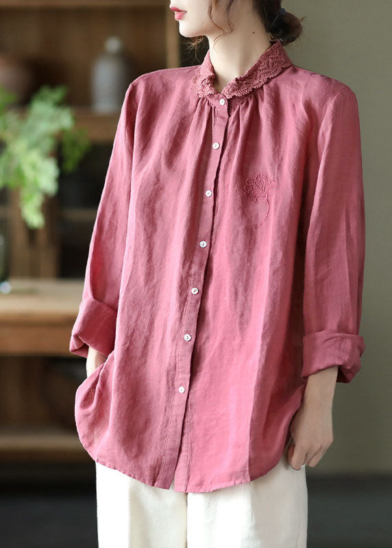 Handmade Pink Embroideried Lace Patchwork Linen Shirts Long Sleeve