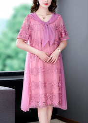 Handmade Pink Embroideried Patchwork Exra Large Hem Tulle Dresses Summer