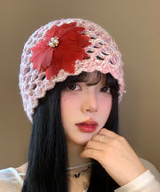 Handmade Pink Feather Floral Hollow Out Knit Boonie Hat