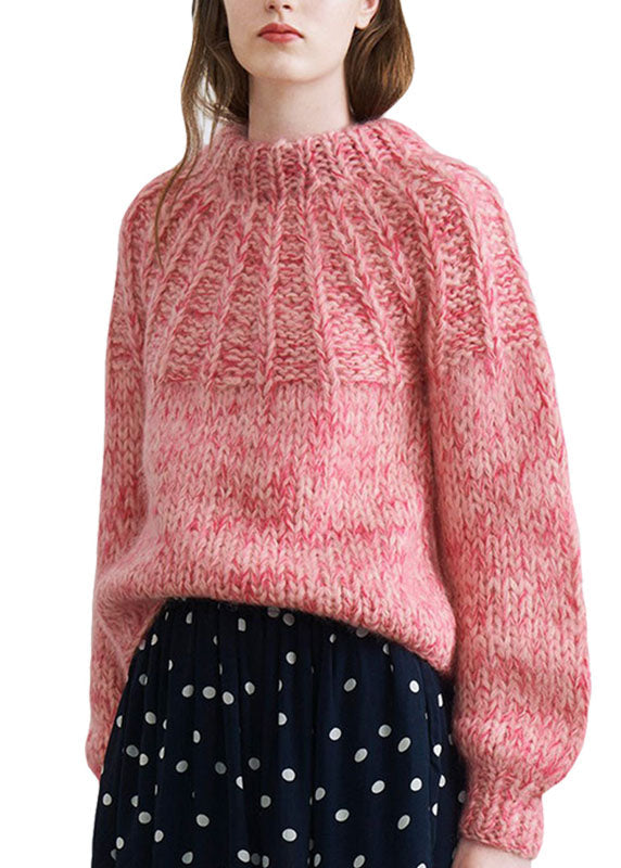 Handmade Pink High Neck Thick Knit Sweater Tops Winter