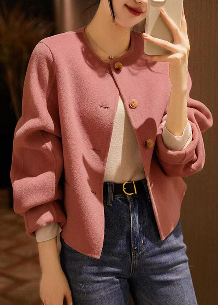 Handmade Pink O Neck Button Patchwork Woolen Coats Winter