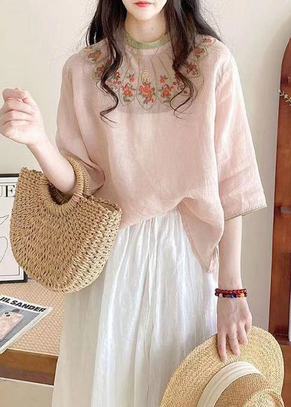 Handmade Pink O Neck Embroideried Cotton Shirt Half Sleeve